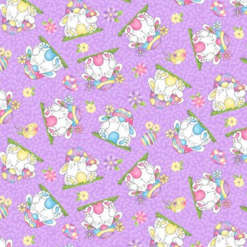 Lavender Bunnies Tossed From Henry Glass By Shelly Comiskey Hoppy Easter Gnomies Collection 100% Cotton