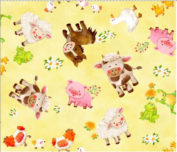 Farm Animals Yellow- Wee Ones Collection From Oasis Fabric Designs 100% Cotton