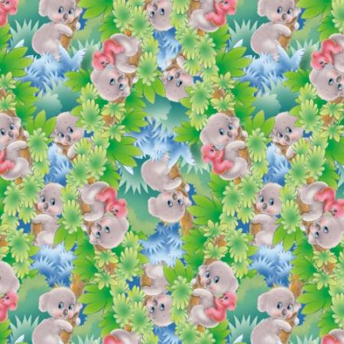Sage Koala Climbing Tree From Studio E By Avinci, Lorella Painting the World Collection 100% Cotton 44/45"