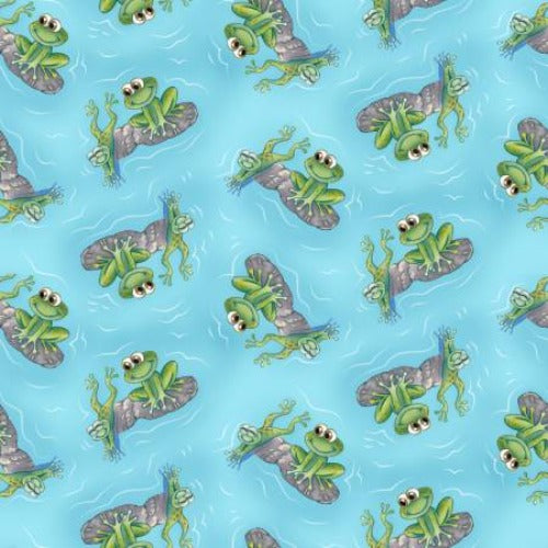 Aqua Tossed Frog From Studio E By Avinci, Lorella Painting the World Collection 100% Cotton 44/45"
