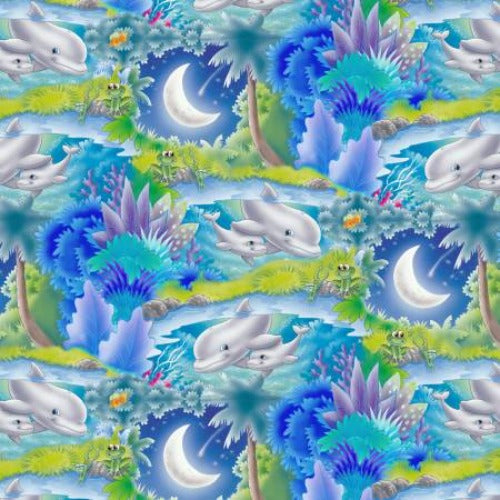 Cyan Swimming Dolphin From Studio E By Lorella Avinci Painting the World Collection 100% Cotton 44/45"