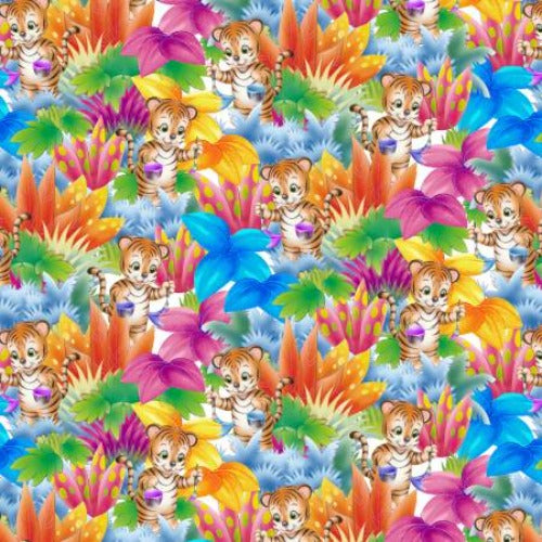 Multi Tiger Painting a Flower From Studio E By Avinci, Lorella Painting the World Collection 100% Cotton 44/45"