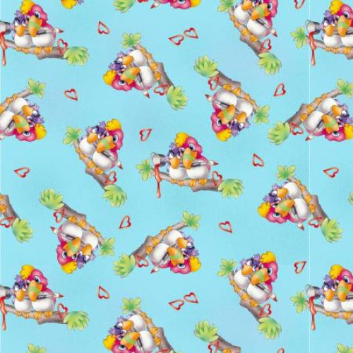 Aqua Tossed Parrot From Studio E By Avinci, Lorella Painting the World Collection 100% Cotton 44/45"