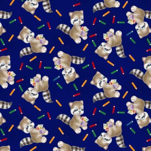 Navy Raccoon From Studio E By Avinci, Lorella Painting the World Collection 100% Cotton 44/45"