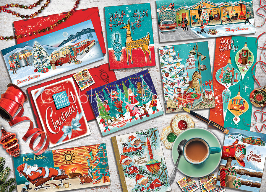 Mid Mod Season's Greetings Puzzles 1000 PC - Radom Cut From Cobble Hill Finished Size: 26.625" x 19.25" There's a lot to talk about with these Mid Century Modern Christmas cards. Remind yourself of the good old days of christmas tradtions and family gatherings. A joy for everone to partake in! Poster Included