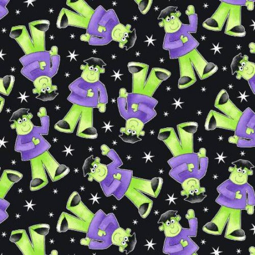 Black Tossed Frankenstein Glow in the Dark Fabric From Henry Glass By Delphine Cubitt Here We Glow Collection 100% Cotton 44/45"