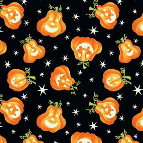 Black Tossed Pumpkins Glow in the Dark Fabric From Henry Glass By Delphine Cubitt Here We Glow Collection 100% Cotton Size 44/45"