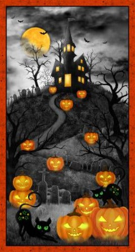 Grey Haunted House Panel By Michael Miller Trick or Treat Collection 100% Cotton