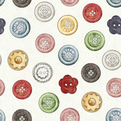 From Riley Blake Designs By Janet Wecker-Frisch She Who Sew Home Dec Button Tin Off White Light Weight Canvas 100% Cotton 57/58"