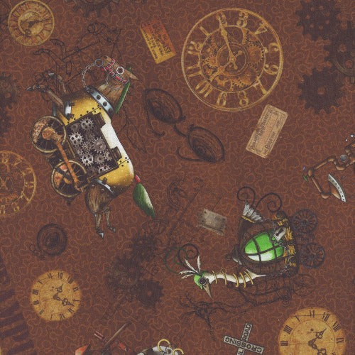 Steampunk Express Tossed Brown From Quilting Treasures Fabrics By Desiree's Designs Steampunk Express Collection 100% Cotton 44/45"