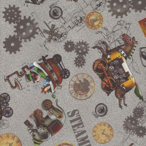 Steampunk Express Tossed Gray From Quilting Treasures Fabrics By Desiree's Designs Steampunk Express Collection 100% Cotton 44/45"