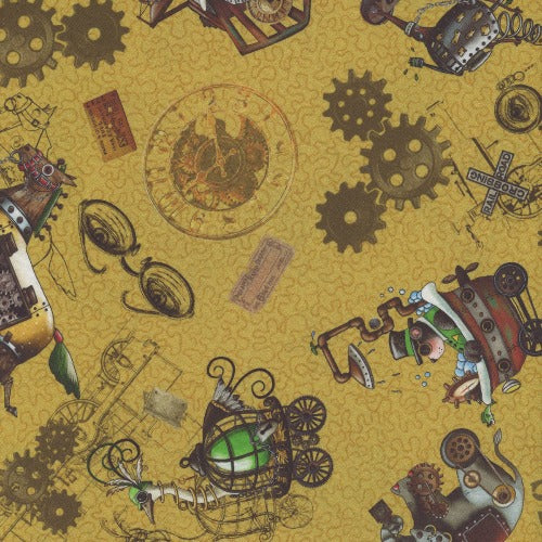 Steampunk Express Tossed Gold From Quilting Treasures Fabrics By Desiree's Designs Steampunk Express Collection 100% Cotton 44/45"