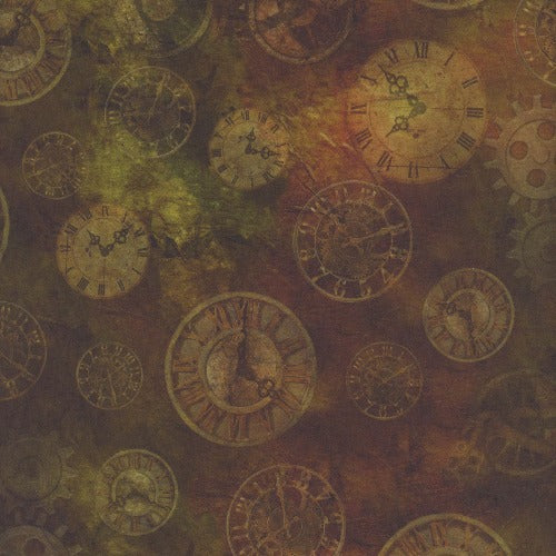 Steampunk Express Gears & Clocks - Brown From QT Fabrics By Desiree's Designs Steampunk Express Collection 100% Cotton 44/45"