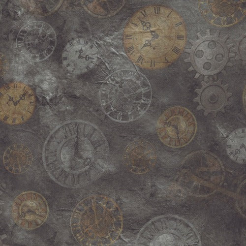 Steampunk Express Gears & Clock - Black/Silver/Gold From QT Fabrics By Desiree's Designs Steampunk Express Collection 100% Cotton 44/45"