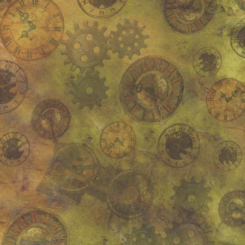 Steampunk Express Gears & Clocks Toss - Gold From QT Fabrics By Desiree's Designs Steampunk Express Collection 100% Cotton 44/45"