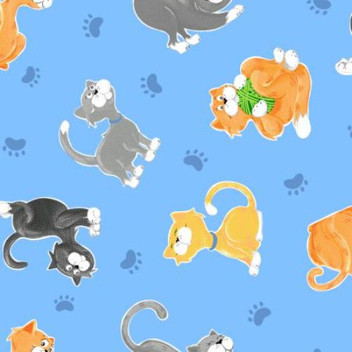 Sky Blue Kittens From Susybee Kitty the Cat Collection 100% Cotton 44/45"