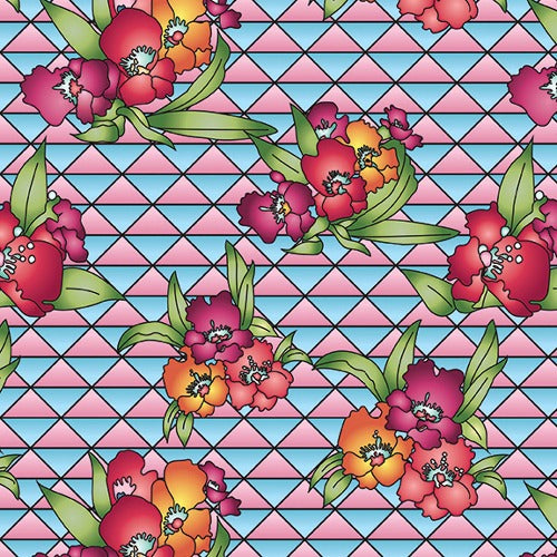 Triangles Flowers - Pink From Studio B Lush Collection by Claudia Pfeil 100% Cotton 44/45"