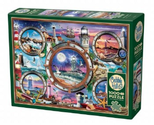 Lighthouses Puzzle - 1000 PC Puzzles - 1000 PC - Radom Cut  From Cobble Hill  Finished Size: 26.625" x 19.25"  Poster Included  For our ocean lovers, we have Lighthouses, a collage of many beautiful beacons of light. The lighthouses are not just in the portals, but throughout the 1000 piece scenic puzzle with a background full of all things nautical and ocean worthy like sailboats, dophins, seagulls, and maybe even treasure - if you count the pearl in the oyster!