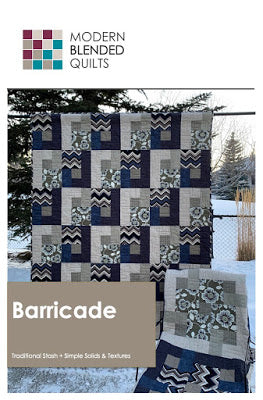 Barricade Pattern - Barricade was designed to use those special larger prints that we can never resist buying only to find you don't want to cut them up into small pieces.
There are two different larger print fabrics in this quilt. The blocks are rectangles. When I was making the cover quilt, I had four blocks left over - I'll make a pillow. The pattern has a baby, lap  sized quilt for the big block layout