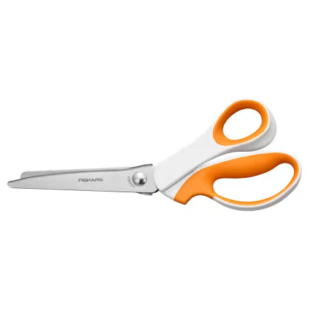 Fiskars Premier Softgrip Pinking Shears with orange handles on a white background.
