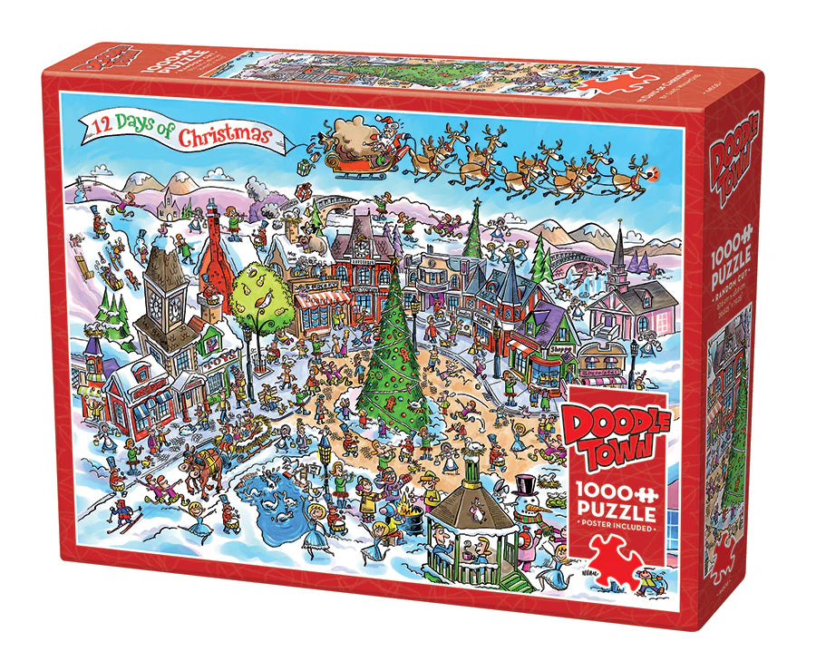 DoodleTown-12 Days of Christmas -1000 Piece
From Cobble Hill
DoodleTown: 12 Days of Christmas is a fun way to continue the Christmas season with joy and laughter into the new year! See Santa with his reindeer fly over the town full of drummers drumming, ladies dancing, golden rings and a partridge in a pear tree!