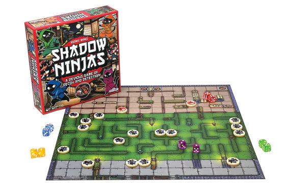 Shadow Ninjas Board Game
From Outset Media
Get ready for cats versus dogs! In Shadow Ninjas, one player takes the role of the samurai dogs protecting the Shogun's koi carp, the other players are ninja cats trying to steal them! Bluffing and observation are key to winning and every player must be strategic in their moves. Can you outsneak your opponents to win?
20 minutes play time.
Includes: 16 shadow cats counters, 2 guard dog counters, 10 dice, game board, instructions. Ages 8+