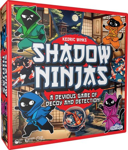 Shadow Ninjas Board Game
From Outset Media
Get ready for cats versus dogs! In Shadow Ninjas, one player takes the role of the samurai dogs protecting the Shogun's koi carp, the other players are ninja cats trying to steal them! Bluffing and observation are key to winning and every player must be strategic in their moves. Can you outsneak your opponents to win?
20 minutes play time.
Includes: 16 shadow cats counters, 2 guard dog counters, 10 dice, game board, instructions. Ages 8+
