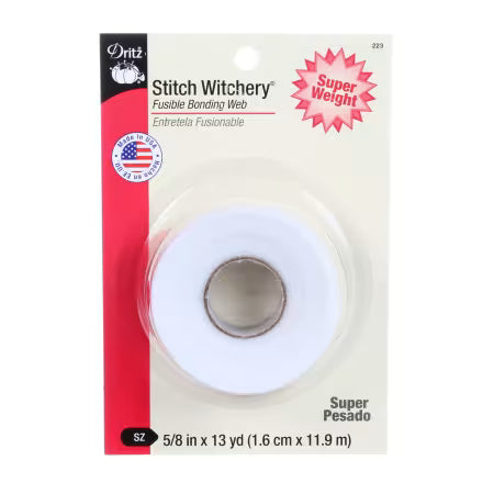 Stitch Witchery Super Weight 5/8in x 13yds
From Dritz
Stitch Witchery is a fusible bonding web that permanently bonds two layers of fabric together with the heat of an iron. Great for creating or repairing hems in garments and no-sew home decor projects. Use to apply ribbon, trims, appliques and more.
100% Polyamide
5/8in x 20yds
Non-Woven
Fusible
Weight: Heavy
Double Sided
Washing/Drying instructions: Washable and Dry Cleanable