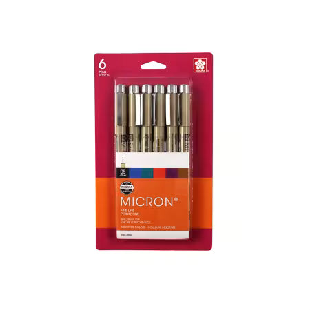 Pigma Micron Pen Set Size 05 
Archival quality ink for use in acid-free environments
- Chemically stable, waterproof, and fade resistant
- No smears, feathers, or bleed-through on most papers
Color: Brown, Red, Green, Blue, Black and Purple
Use: Pen
Size: 05=0.45mm
Included: 6 pens per pack