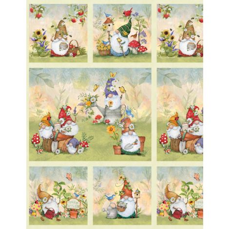 Gnome Garden Fabric Panel  From Wilmington  By Susan Winget  100%  24" x 44/45"