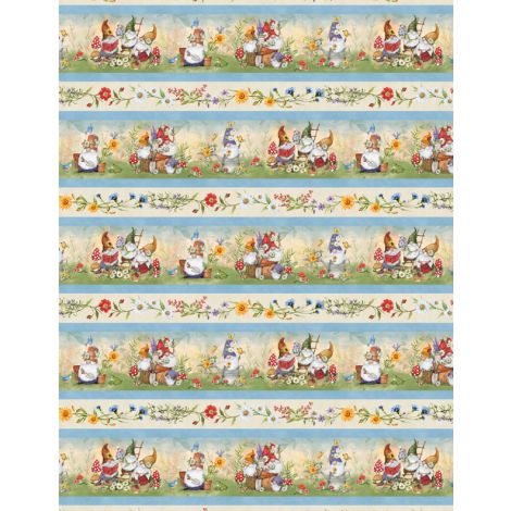 Gnome Garden Repeate Border Stripe  From Wilmington  By Susan Winget  100% Cotton  44/45"