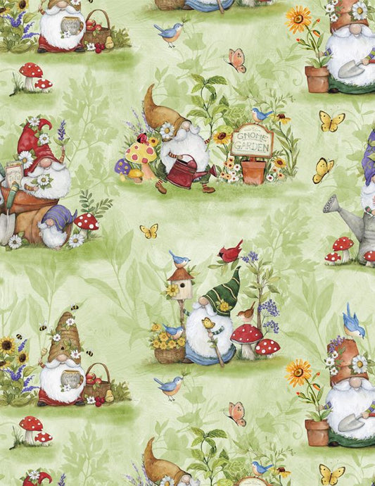 Gnome Garden Gnomes All Over Green  From Wilmington  By Susan Winget  100% Cotton  44/45"