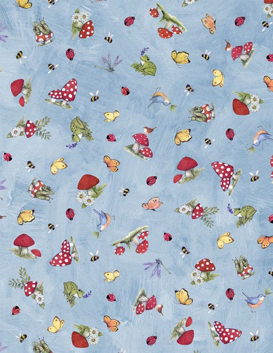 Gnome & Garden - Mushroom Toss - Blue  From Wilmington  By Susan Winget  100% Cotton  44/45"