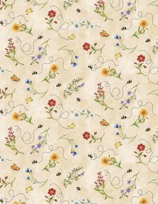 Gnome Garden Cream Flower Toss  From Wilmington  By Susan Winget  100% Cotton  44/45"