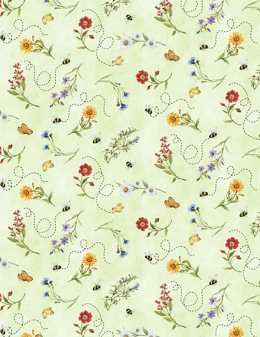 Gnome & Garden - Flower Toss - Green  From Wilmington  By Susan Winget  100% Cotton  44/45"