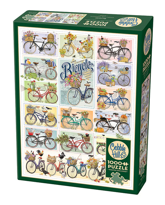 Bicycles 1000 PC
From Cobble Hill
A seasonal selection of super cycles! Mary Lake-Thompson has created a puzzle that would make Freddy Mercury green with envy! You'll want to ride ALL the bicycles after completing this 1000 piece puzzle!
Artist / Licensor Mary Lake-Thompson
Assembled Size (in.):&nbsp;26.625 x 19.25
Poster included-Yes
Piece Count-1000 Piece
Puzzle Type:
Classic box (8.25 x 11.25)