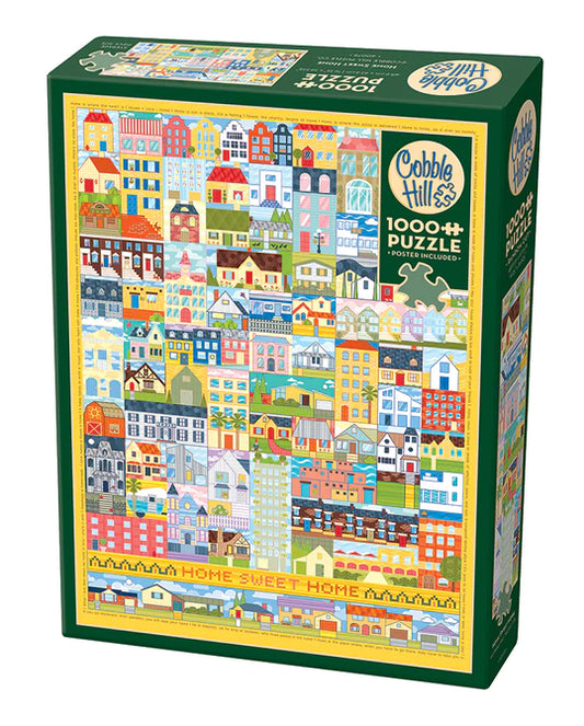 Home Sweet Home - 1000 pc Puzzle - Random Cut (irregular pieces)  By Cobble Hill  A house is made of bricks and beams. A home is made of hopes and dreams. Many types of homes to dream about.   Poster Included