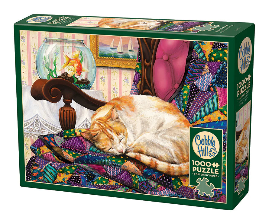 Sweet Dreams 1000 pc
From Cobble Hill
The goldfish is surprised the cat took a break to have Sweet Dreams, but he's so glad she's enjoying her nap on the colourful quilt. A 1000 piece puzzle for the cat and craft lover.