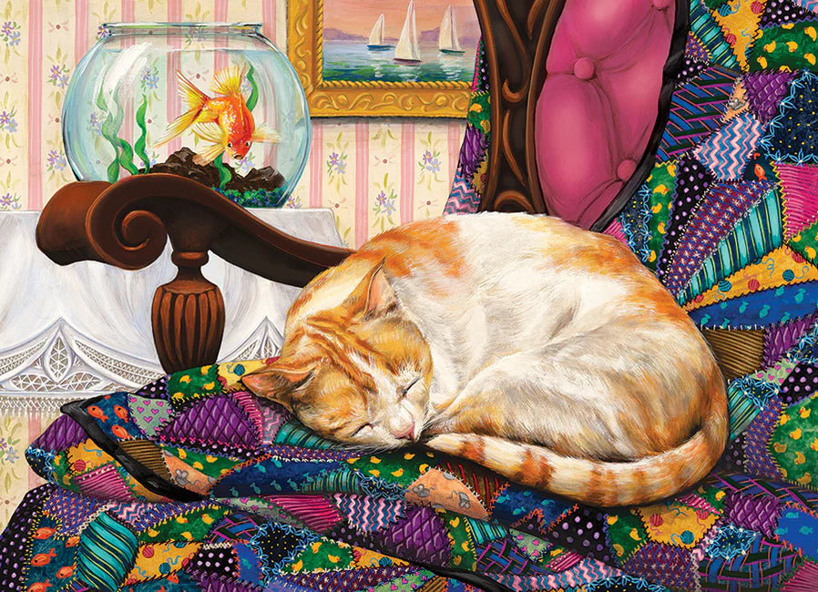 Sweet Dreams 1000 pc
From Cobble Hill
The goldfish is surprised the cat took a break to have Sweet Dreams, but he's so glad she's enjoying her nap on the colourful quilt. A 1000 piece puzzle for the cat and craft lover.