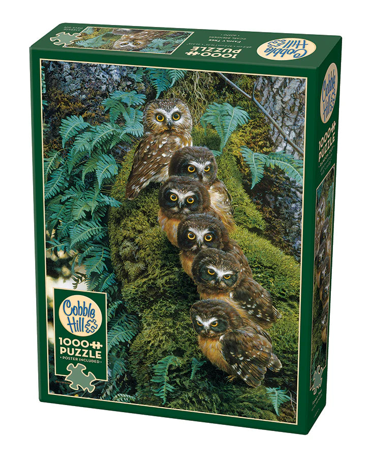 Family Tree 1000 pc
From Cobble Hill
Literally, a Family Tree - what a hoot! Six big eyed owls on a mossy tree. A 1000 piece wildlife puzzle by artist Carl Brenders.
