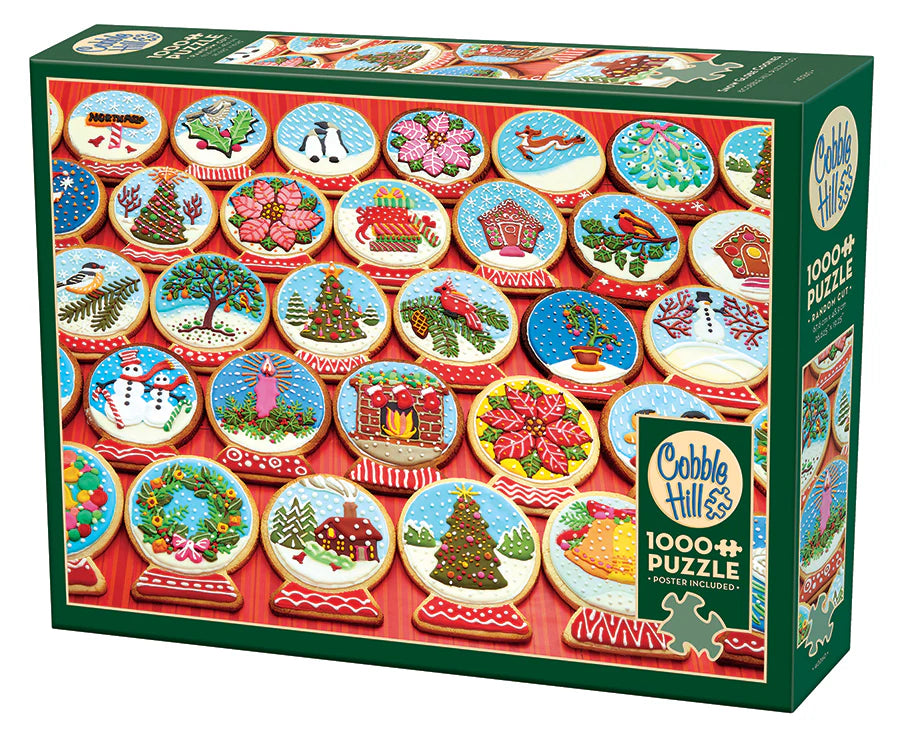 Snow Globe Creations - 1000 
From Cobble Hill
Snow Globe Cookies 1000 Piece Puzzle! Let snowflakes fall, and turn your wintertime blues into a sweet treat of fun! Enjoy beautiful snowy scenes, wreaths, Christmas trees, and poinsettias – everything you need to create a winter wonderland in your own home. Get cheery with this 1000-piece puzzle designed by our in-house Cobble Hill Creations team!