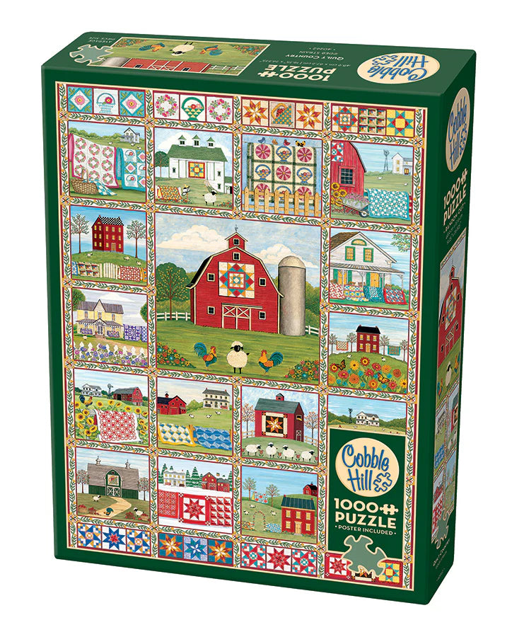 Quilt Country- 1000 pc
From Cobble Hill
Get craft inspired with Quilt Country! There are 17 mini-scenes all featuring quilts with different quilt blocks. It's a lot of quilting and we love it! A little slice of country life with sheep and roosters and country roads. The main focal scene features a big red barn with beautiful complimentary orange and turquoise flowers.