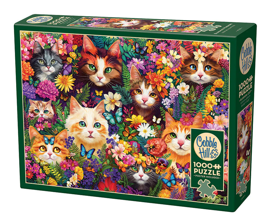 Blooming Whiskers - 1000 pc
From Cobble Hill
This enchanting 1000 piece puzzle, titled "Blooming Whiskers," showcases a delightful array of cats nestled among vibrant and colorful flowers. Each cat's unique expression is surrounded by a burst of blossoms and butterflies, creating a whimsical and captivating scene. Designed by Brigid Ashwood.