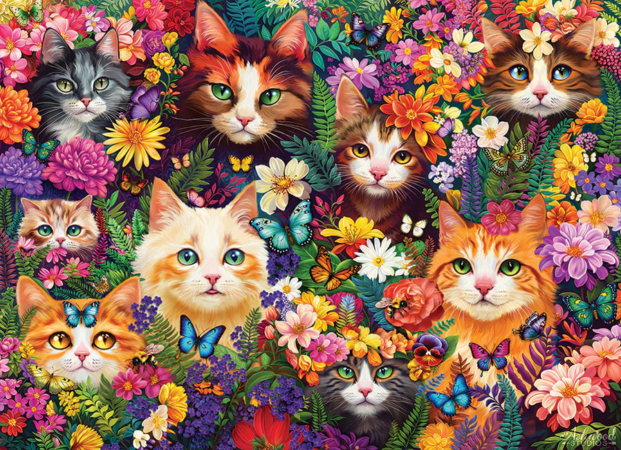 Blooming Whiskers - 1000 pc
From Cobble Hill
This enchanting 1000 piece puzzle, titled "Blooming Whiskers," showcases a delightful array of cats nestled among vibrant and colorful flowers. Each cat's unique expression is surrounded by a burst of blossoms and butterflies, creating a whimsical and captivating scene. Designed by Brigid Ashwood.