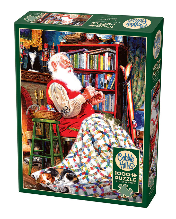 Santa's Quilt- 1000 pc
From Cobble Hill
Santa's Quilt is a 1000 piece puzzle that has so many things to appreciate from the lovely quilt, napping dog, watchful cat, collection of nutcrackers, Knick knacks, and a little mouse who hasn't yet been spotted by the playful kittens. A charming Christmas puzzle that will bring out the Christmas spirit for quilters and beyond.