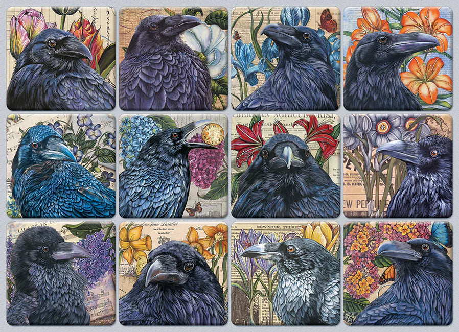 A Constable of Ravens- 1000 pc
From Cobble Hill
A Constable of Ravens visually pop in this puzzle as they're set against floral-adorned frames that add an extra layer of elegance and intrigue. Each raven appears to be on alert as they look off into the distance