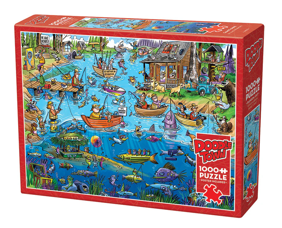 DoodleTown-Thanksgiving Togetherness-1000 Piece
From Cobble Hill
The fish in this cartoon scene certainly would like to believe it's always Throwback Thursday but we have a feeling that they'll outsmart all the fishers anyway. These fish are having a better time than the humans holding the fishing poles. If you're looking at this Doodletown: Gone Fishing 1000 piece cartoon puzzle, then we suggest you snatch it up because with all the fun antics to discover, it's definitely a catch.