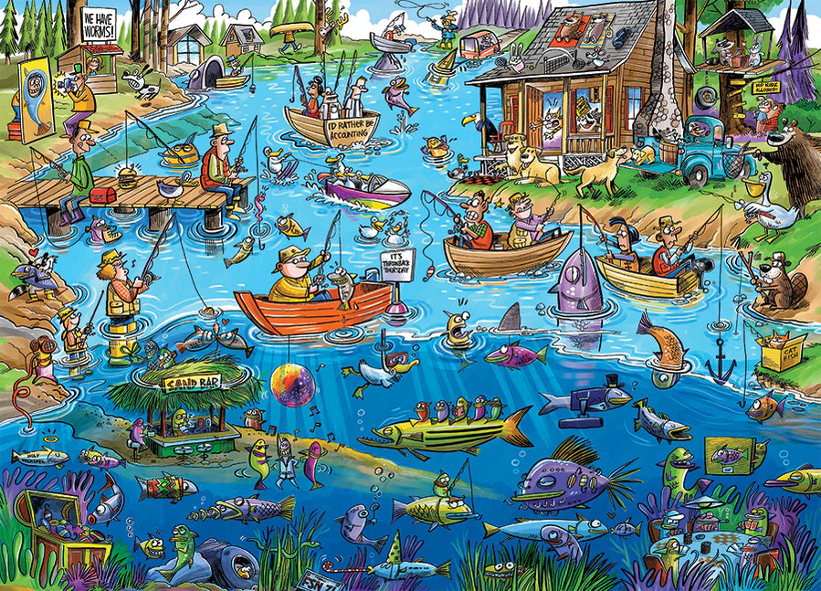 DoodleTown-Thanksgiving Togetherness-1000 Piece
From Cobble Hill
The fish in this cartoon scene certainly would like to believe it's always Throwback Thursday but we have a feeling that they'll outsmart all the fishers anyway. These fish are having a better time than the humans holding the fishing poles. If you're looking at this Doodletown: Gone Fishing 1000 piece cartoon puzzle, then we suggest you snatch it up because with all the fun antics to discover, it's definitely a catch.