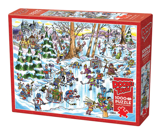 Doodletown - Hockey Town - 1000 PC Puzzle - Random Cut (irregular pieces)  From Cobble Hill   Finished Size 26.625" x 19.25"