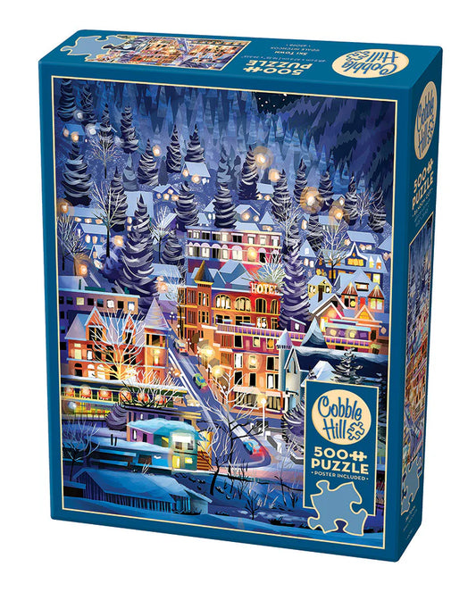 Ski Town- 500 Piece
From Cobble Hill
Ski Town offers both a sense of nightlife and calm after a long day on the slopes. The dark purple mountains offer peace, while the heart of the town glows from those who are still awake. Cars head back to the hotel after their adventure on the mountain. Stars twinkle in the sky